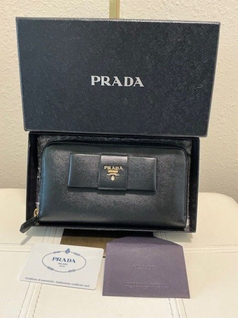 Prada Black Saffiano Fiocco Leather Bow Continental Wallet COA included with Box